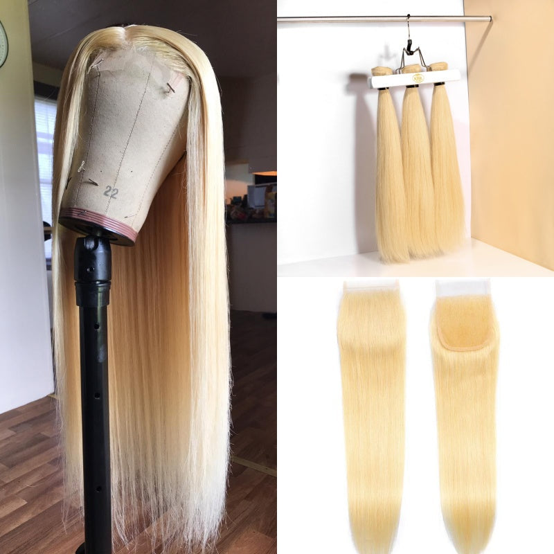 613-Blonde Straight (3) Bundles with 5x5 HD Closure