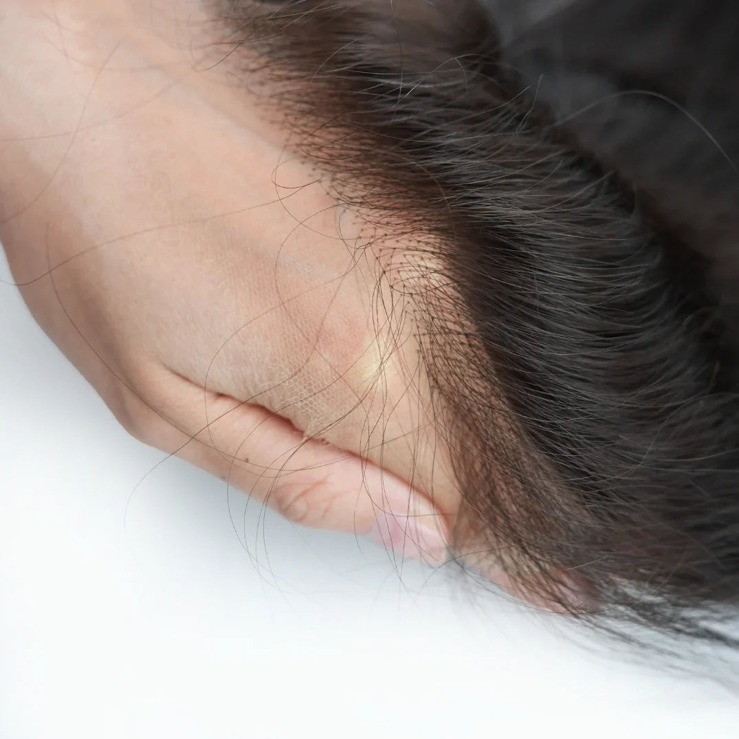 Close-up of a hand with hair on a white background
